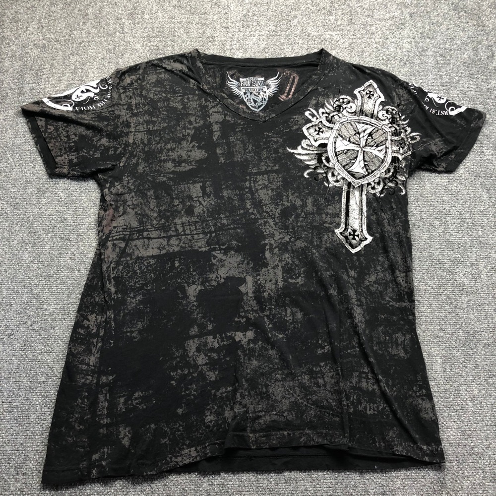 Raw State Premium Mens XL Black V-Neck Graphic T-Shirt Cross Wings Salvation Y2K